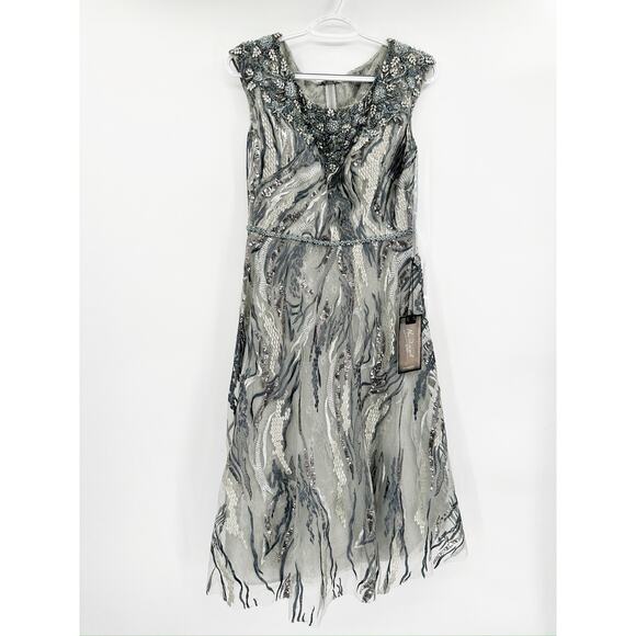 Mac Duggal 67495 Graphite Beaded Jewel Neck Tea Length Dress Size 8 - Picture 2 of 7